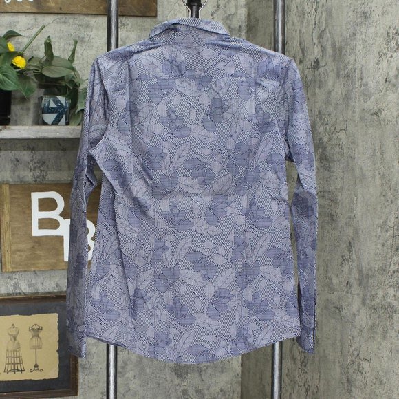 NWT Lands' End Long Sleeve Pattern Dress Shirt 484700 2 Tall Blue Floral Stripe - Picture 2 of 4